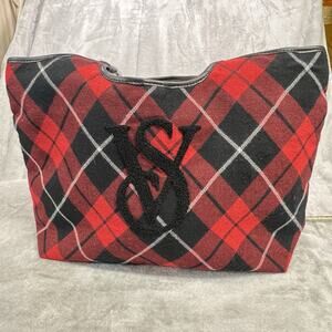 Victoria's Secret Red Black Plaid Inner Pocket Double Handle Tote Bag NWT